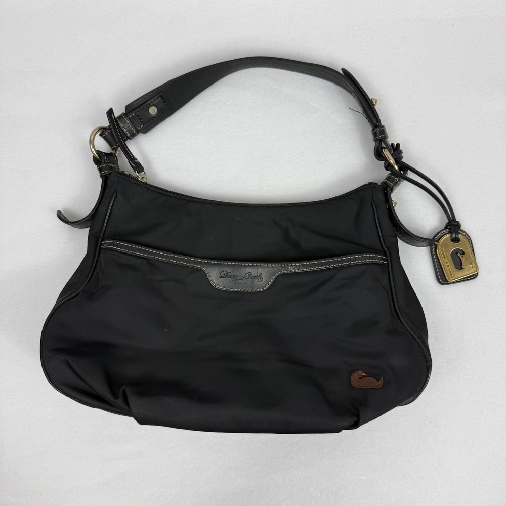 DOONEY & BOURKE Black Nylon Hobo Shoulder Bag Leather trim pink lining READ‎
